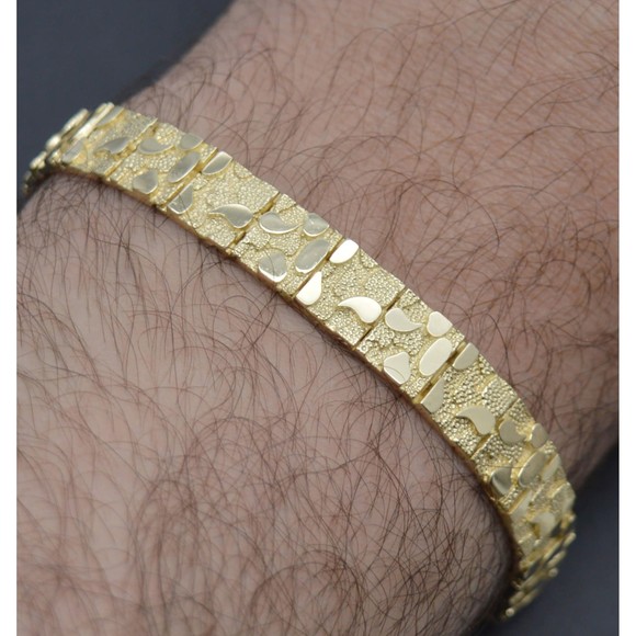 Real 10K Yellow Gold 8.5mm Nugget Textured Rectangle Edge 8.5" Link Bracelet - Picture 2 of 7
